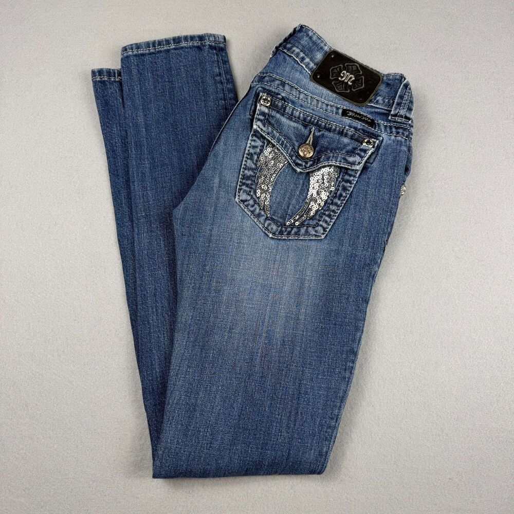 Miss Me Blue Skinny Jeans with Silver Sequin Pocket Detail